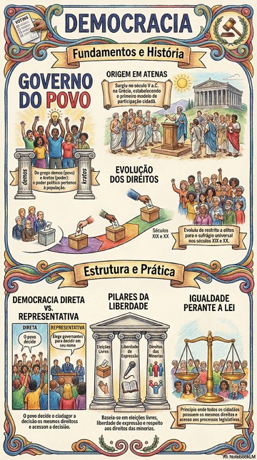 Infogr&aacute;fico sobre a Democracia, sua origem e caracter&iacute;sticas