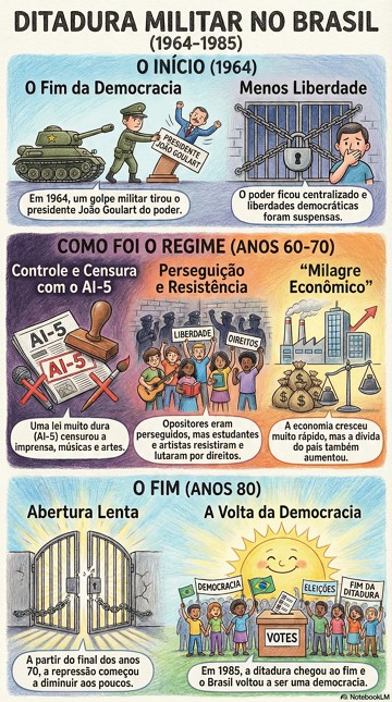 Infogr&aacute;fico com s&iacute;ntese sobre a Ditadura Militar no Brasil