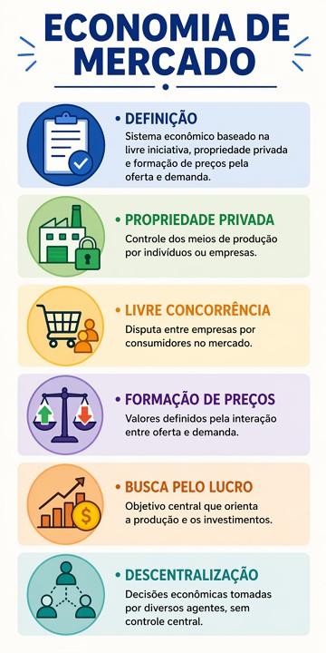 Infogr&aacute;fico com defini&ccedil;&atilde;o e caracter&iacute;sticas da economia de mercado