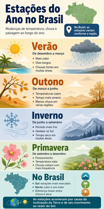 Infogr&aacute;fico sobre as esta&ccedil;&otilde;es do ano no Brasil e suas caracter&iacute;sticas