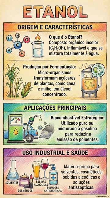 Infogr&aacute;fico did&aacute;tico sobre as caracter&iacute;sticas, produ&ccedil;&atilde;o e uso do etanol