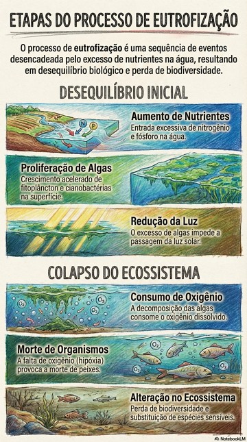 Infogr&aacute;fico mostrando as etapas da eutrofiza&ccedil;&atilde;o