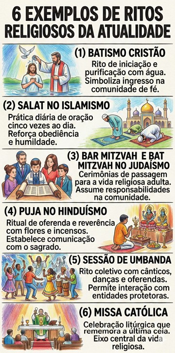 Infogr&aacute;fico com 6 exemplos de ritos religiosos da atualidade