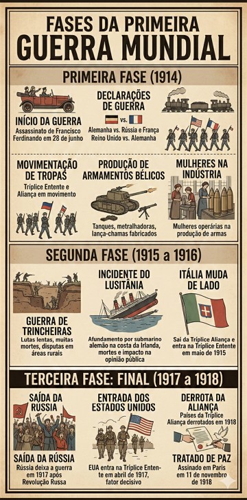 Infogr&aacute;fico explicando resumidamente as tr&ecirc;s fases da Primeira Guerra Mundial