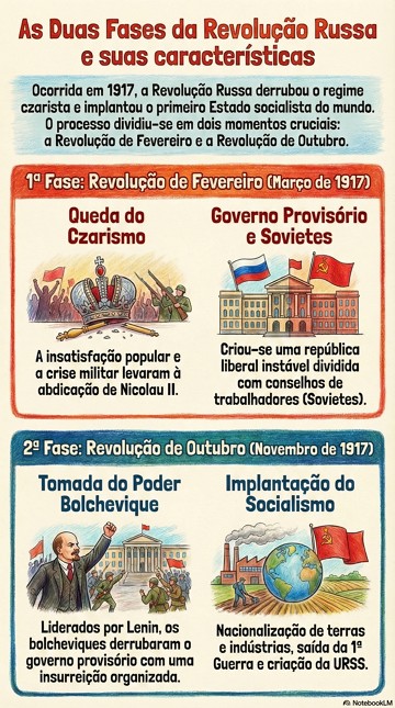 Infogr&aacute;fico explicando as caracter&iacute;sticas das duas fases da Revolu&ccedil;&atilde;o Russa