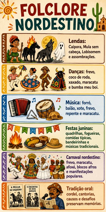 Infogr&aacute;fico com os principais aspectos do folclore nordestino brasileiro