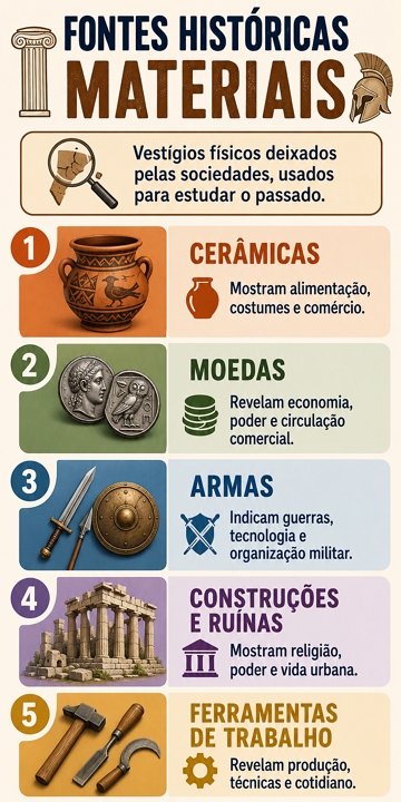 Infogr&aacute;fico sobre fontes hist&oacute;ricas materiais e exemplos