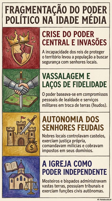 Infogr&aacute;fico com s&iacute;ntese sobre a fragmenta&ccedil;&atilde;o do poder pol&iacute;tico na Idade M&eacute;dia