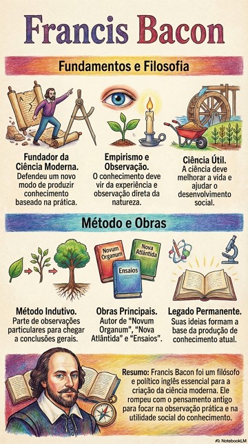 Infogr&aacute;fico com resumo sobre as ideias de Francis Bacon