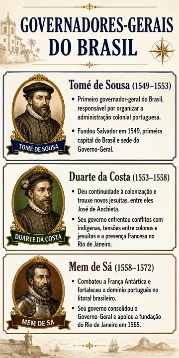 Infogr&aacute;fico sobre os 3 primeiros governadores-gerais do Brasil