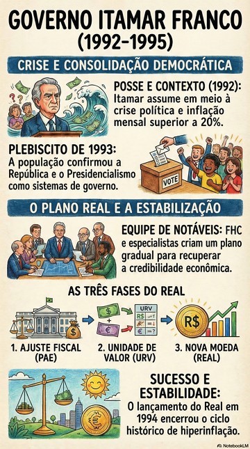 Infogr&aacute;fico com resumo sobre as caracter&iacute;sticas do governo Itamar Franco