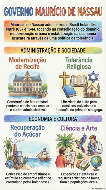 Infogr&aacute;fico did&aacute;tico com resumo sobre a administra&ccedil;&atilde;o durante o Governo Nassau no Brasil