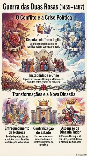 Infogr&aacute;fico com resumo sobre a Guerra das Duas Rosas na Inglaterra