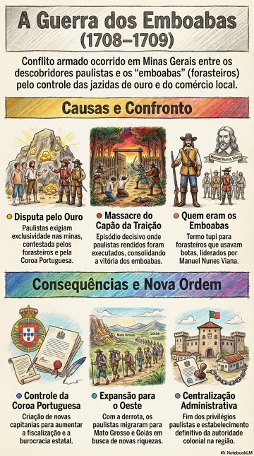Infogr&aacute;fico explicando resumidamente a Guerra dos Emboabas