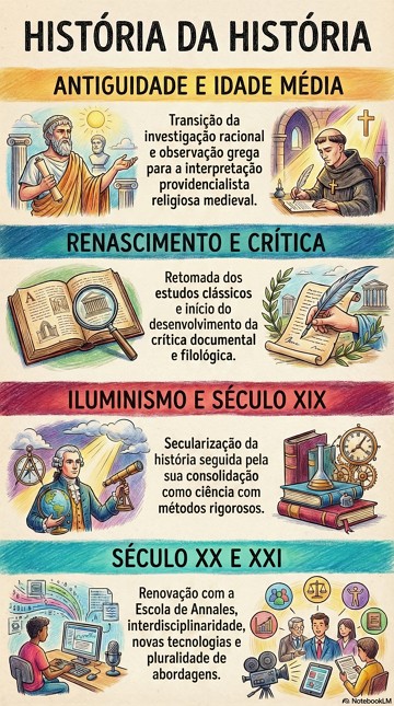 Infogr&aacute;fico mostrando a evolu&ccedil;&atilde;o da produ&ccedil;&atilde;o do conhecimento hist&oacute;rico da Antiguidade aos dias de hoje, de forma resumida