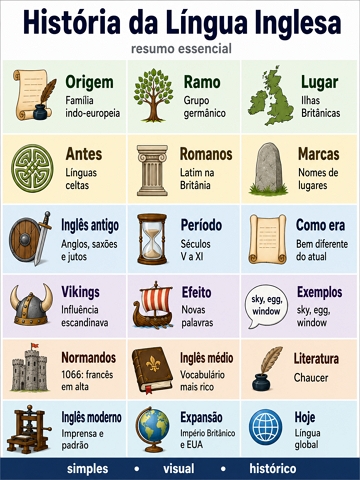Infogr&aacute;fico did&aacute;tico com as principais fases da hist&oacute;ria da l&iacute;ngua inglesa.