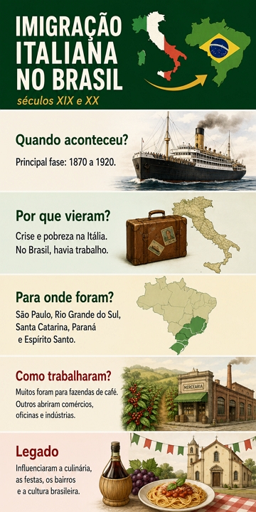 Infogr&aacute;fico com resumo sobre a imigra&ccedil;&atilde;o italiano no Brasil