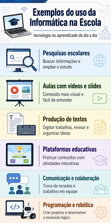Infogr&aacute;fico com exemplos do uso da inform&aacute;tica na Escola