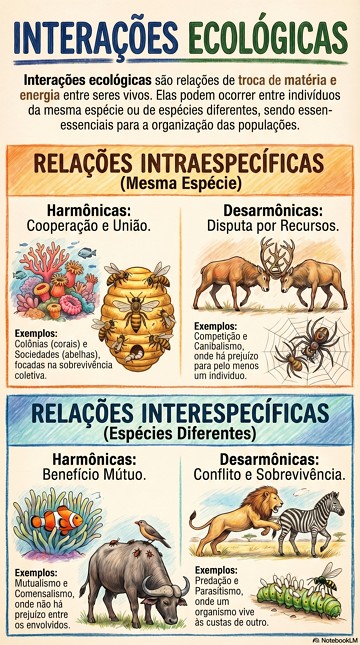 Infogr&aacute;fico com os tipos e exemplos de intera&ccedil;&otilde;es ecol&oacute;gicas
