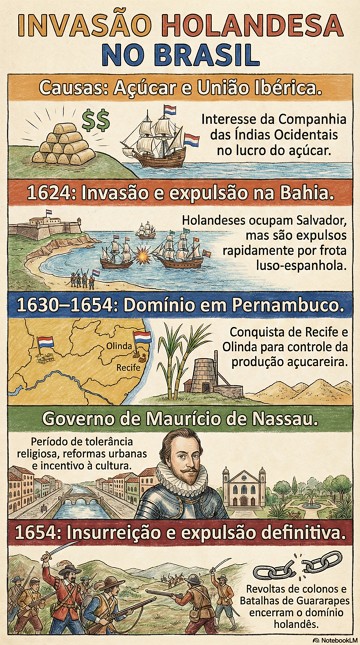 Infogr&aacute;fico com resumo sobre a Invas&atilde;o Holandesa no Brasil