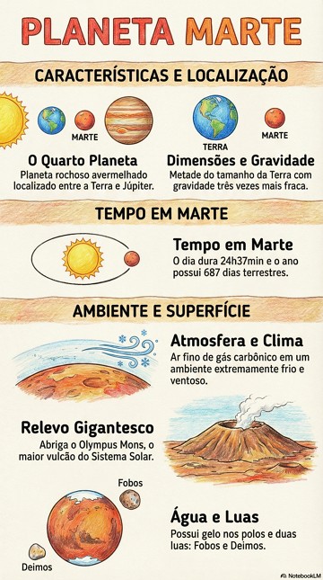 Infogr&aacute;fico com resumo das caracter&iacute;sticas do Planeta Marte