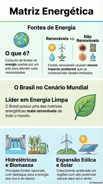 Infogr&aacute;fico sobre matriz energ&eacute;tica e suas caracter&iacute;sticas e fontes de energia