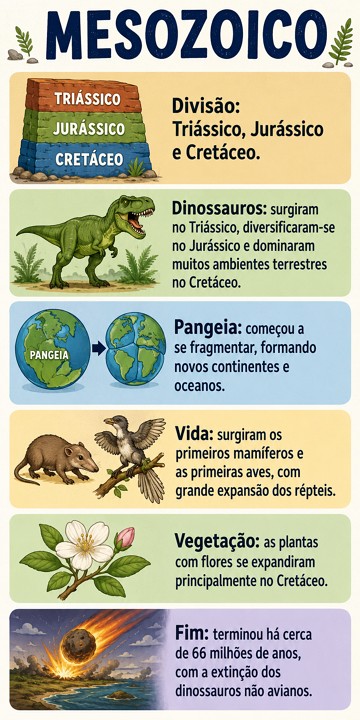 Infogr&aacute;fico com as principais caracter&iacute;sticas do Mesozoico