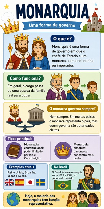 Infogr&aacute;fico did&aacute;tico explicando o que &eacute; monarquia