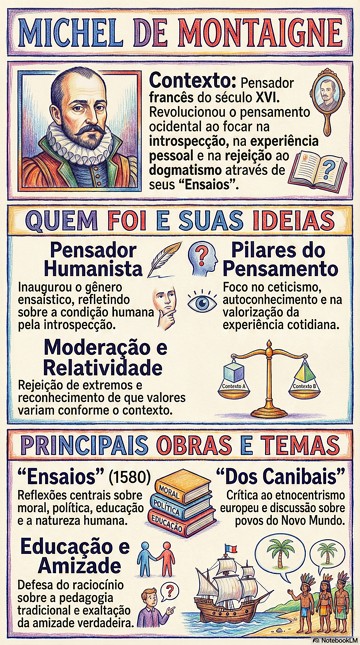 Infogr&aacute;fico sobre quem foi, ideias filos&oacute;ficas e obras de Michel de Montaigne