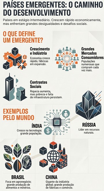 Infogr&aacute;fico sobre pa&iacute;ses emergentes, caracter&iacute;sticas e exemplos