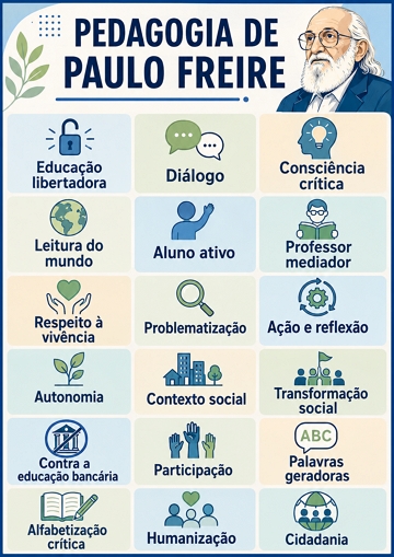 Infogr&aacute;fico com as principais caracter&iacute;sticas da Pedagogia de Paulo Freire