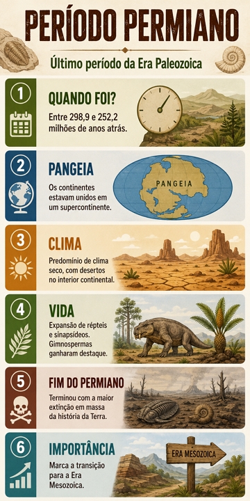 Infogr&aacute;fico sobre o per&iacute;odo Permiano e suas caracter&iacute;sticas