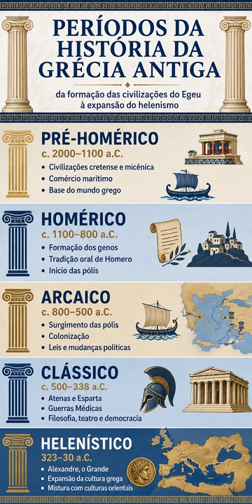 Infogr&aacute;fico com resumo de todos os per&iacute;odos hist&oacute;ricos da Gr&eacute;cia Antiga