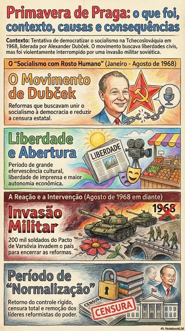 Infogr&aacute;fico com resumo sobre a Primavera de Praga destacando o que foi, causas e consequ&ecirc;ncias.