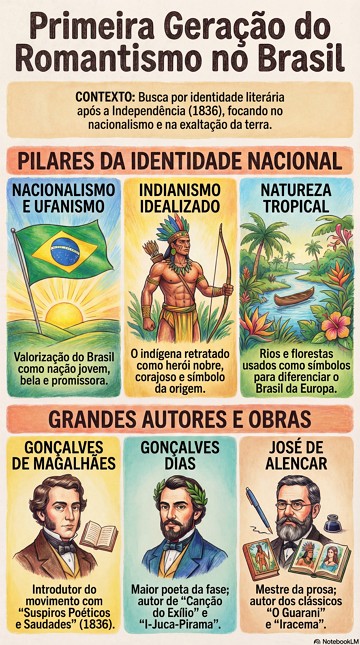 Infogr&aacute;fico com as caracter&iacute;sticas e principais autores da Primeira Gera&ccedil;&atilde;o do Romantismo no Brasil