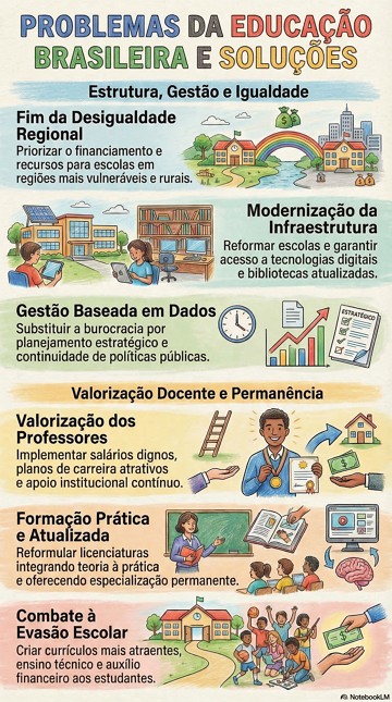 Infogr&aacute;fico com os principais problemas da educa&ccedil;&atilde;o brasileira atual e solu&ccedil;&otilde;es
