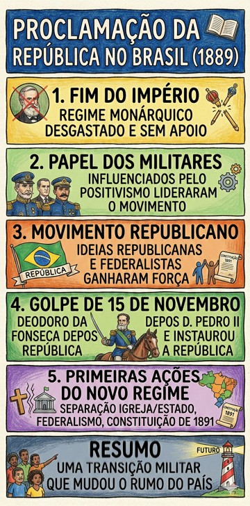 Infogr&aacute;fico com resumo da Proclama&ccedil;&atilde;o da Rep&uacute;blica no Brasil