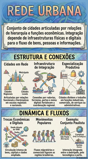 Infogr&aacute;fico sobre rede urbana com conceito, caracter&iacute;sticas e exemplo