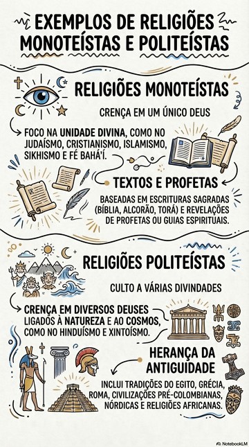 Infogr&aacute;fico resumido com exemplos de religi&otilde;es polite&iacute;stas e monote&iacute;stas