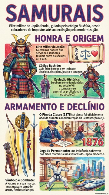 Infogr&aacute;fico did&aacute;tico sobre quem eram os samurais, caracter&iacute;sticas e equilamentos.