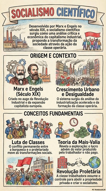 Infogr&aacute;fico sobre a origem e caracter&iacute;sticas do socialismo cient&iacute;fico