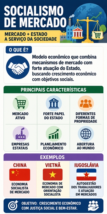 Infogr&aacute;fico com resumo sobre o socialismo de Mercado
