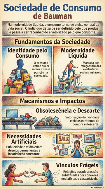 Infogr&aacute;fico com resumo sobre as caracter&iacute;sticas das sociedade de consumo de acordo com Bauman