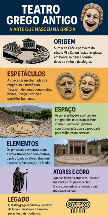 Infogr&aacute;fico did&aacute;tico sobre o teatro grego antigo