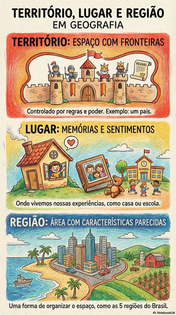 Infogr&aacute;fico com resumo sobre os conceitos de territ&oacute;rio, lugar e regi&atilde;o em Geografia.