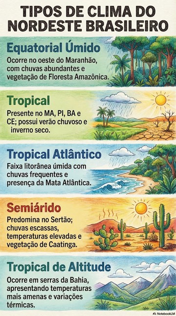 Infogr&aacute;fico sobre os tipos de clima do Nordeste brasileiro e suas caracter&iacute;sticas