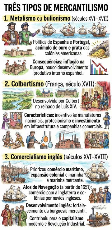 Infogr&aacute;fico did&aacute;tico e resumido mostrando os 3 tipos de mercantilismo e suas caracter&iacute;sticas