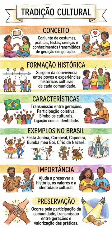 Infogr&aacute;fico did&aacute;tico sobre tradi&ccedil;&atilde;o cultural: conceito, caracter&iacute;sticas e exemplos