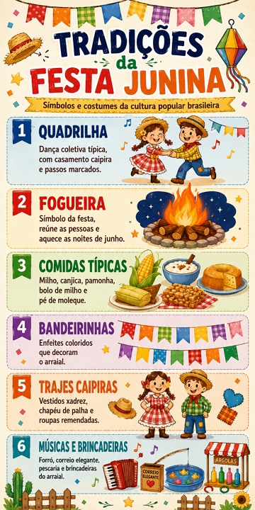 Infogr&aacute;fico sobre as principais tradi&ccedil;&otilde;es da Festa Junina