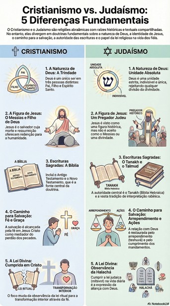 Infogr&aacute;fico mostrando 5 diferen&ccedil;as entre Cristianismo e Juda&iacute;smo